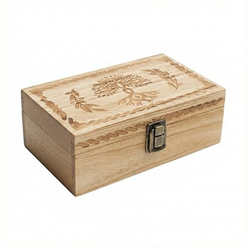 FNYDOX Keepsake Box 7.8 Vintage Wooden Box with Hinged Lid - Decorative Small Memory Chest for Women & Girls, Wooden Jewelry Box with Hand-Engraved Tree of Life