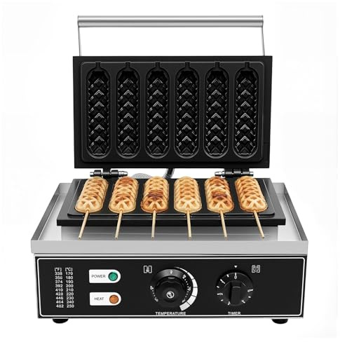 1 500 W våffeljärn, våffeljärn, rostfritt stål, elektriskt gastrohandtag, våffeljärn med temperatur och tidsreglering, våffelmaskin för 6 våfflor, för bagerier och restauranger