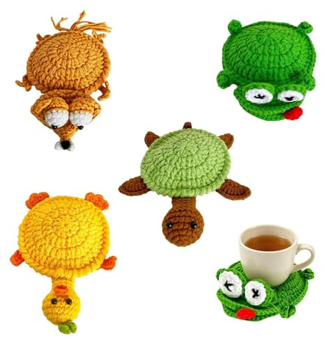 Sottobicchieri Uncinetto Animali, 4 Pezzi Divertenti Sottobicchieri Intrecciati Animalis, Carina Sottobicchieris Uncinetto Animali per Scrivania, Set Sottobicchieris Tazze Maglia Animalis Fatti Mano
