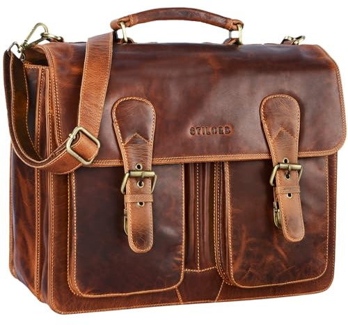 STILORD Karl Aktentasche Herren Lehrertasche Bürotasche Laptoptasche Umhängetasche XL Businesstasche Vintage groß aus echtem Leder Farbe:Kara - Cognac