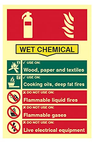 Photoluminescent Wet Chemical Fire Extinguisher Usage Guide Sign, Glow In The Dark, Flexible Vinyl, W200mm x H300mm