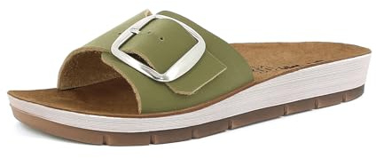 inblu Femme Ciabatte Donna A Fascia Con Fibbia, Plantare in Vera Pelle Imbottito Sandale Glissante, Vert, 37 EU