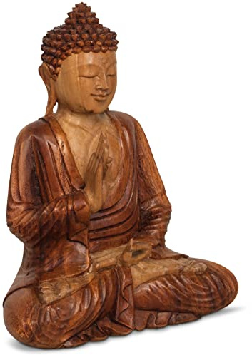 livasia Buddha Figur aus Holz 30cm hoch – Balinesische Handwerkskunst – Buddha Figuren aus Suarholz, einzigartiger hell-dunkel Kontrast, traditionelle Handarbeit, jedes Stück EIN Unikat