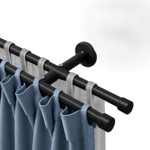 Rollmayer Gardinenstange Ø19mm 240cm Schwarz Matt 2-läufig mit Crux | Metall, Wandbefestigung ohne Ringe, Für Wohnzimmer Schlafzimmer Büro