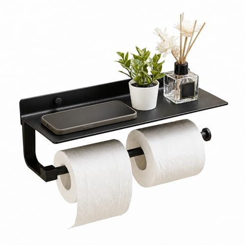 JOOM Double Toilet Roll Holder with Shelf, Wall Mounted,Black Metal | Double toilet roll holder with shelf, wall mounted bathroom storage – holds two rolls, screw mounted metal design,black