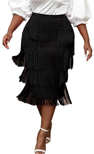 AOMEI Women's Black High Waist Fringe Tiered Bodycon Pencil Midi Skirt 2XL