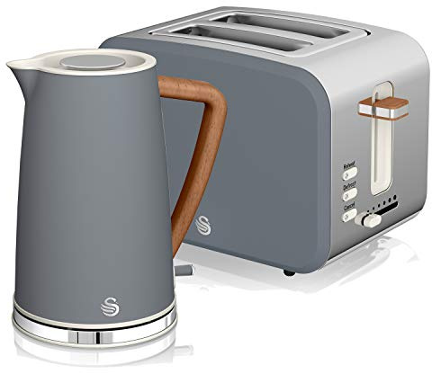 Swan Nordic Set Desayuno Bouilloire sans fil 1,7 L 3000 W Grille-pain à fente large 2 tranches 3 fonctions Design moderne Effet bois Gris