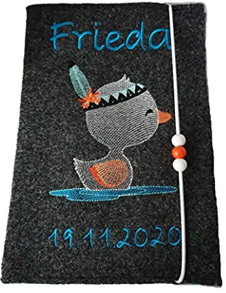 U-Hefthülle mit Namen/Geburtsdatum Ente Boho personalisiert bestickt