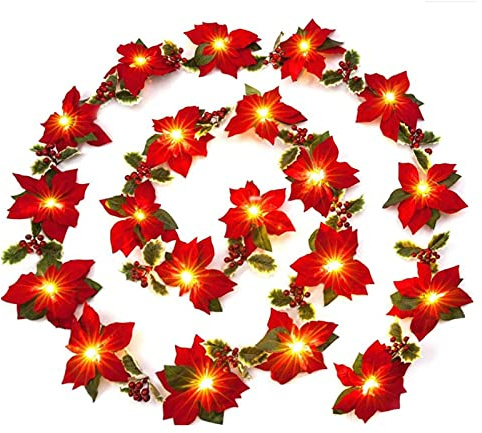 Weihnachtsgirlande mit Beleuchtung Lichterkette, Lichtergirlande Girlande Weihnachten Beleuchtet Weihnachtsbaum Girlande Weihnachtsdeko Rot Weihnachtsgirlanden Beerengirlande Treppengeländer Tür