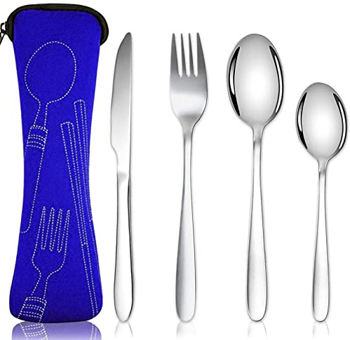 Acehome Cutlery Set with Portable Pouch Case, Stainless Steel Flatware Camping Utensil Set with Neoprene Bag for Outdoor Travel Picnic Office School Lunch Box (4 Pcs Blue)