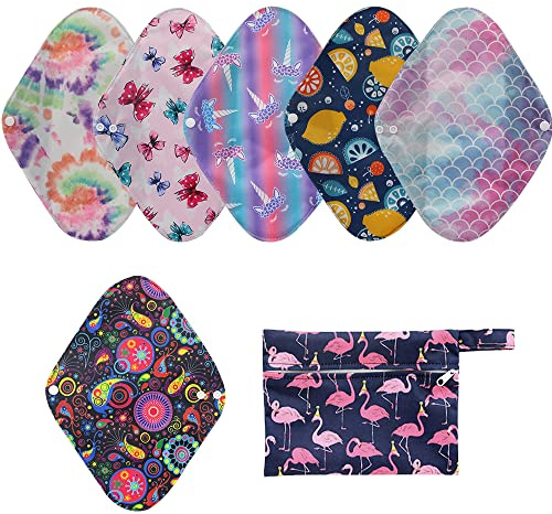 6er Pack wiederverwendbare Damenbinden mit Bambuskohle | Waschbare, wasserdichte, saugfähige Menstruationspads für starke Perioden | Bonus Aufbewahrungstasche (Mehrfarbig, Groß (Packung mit 6))