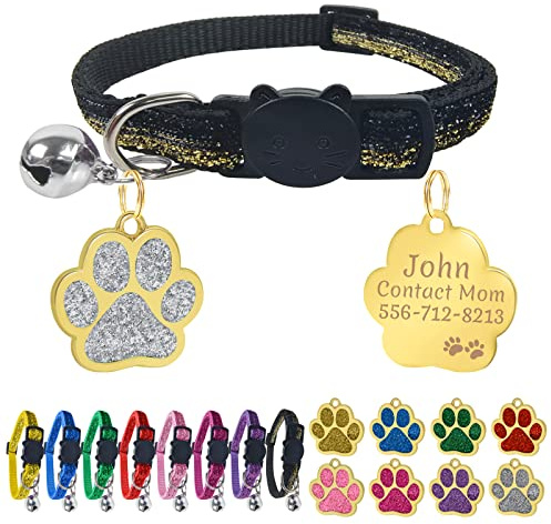 Uiopa Katzenhalsband mit Prickelnde Katzenmarken Personalisiert, Katzenhalsband mit Namen und Telefonnummer, Verstellbar Halsband Katze mit Sicherheitsverschluss für Katzen und Welpen (Schwarz)