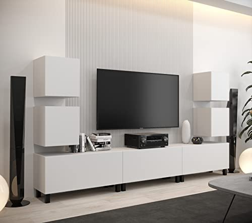 Furnitech Wohnwand Wohnzimmer | Wohnzimmer Möbel mit LED RGB - 16 Farben | Hängend Wohnwand Modern | Wohnzimmer Schrankwand mit Regale und TV Schrank (AN107-21W-M4)