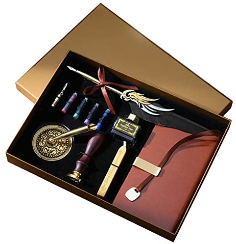 Kit di Penna a Immersione e Inchiostro, JasCherry Penna Piuma Vintage con Sigillo di Cera, Inchiostro e Taccuino, Penne per Calligrafia per Firma, Diario, Scrittura e Disegno
