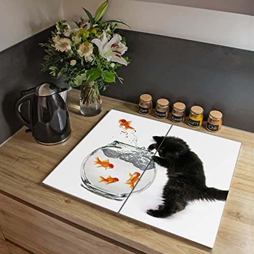 banjado® Herdabdeckplatte Glas 2-teilig 90x52 cm/Schneidebrett Herdabdeckung mit Motiv Katze Und Fisch/Herdabdeckplatten Ceranfeld 2teilig / Schneidebrett Glas individuell einsetzbar