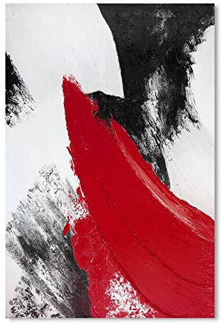 YPY Red Abstract Canvas Wall Art: Modern Minimalist Black and White Picture Hand Paint Textured Oil Painting Poster for Living Room Bedroom Bathroom Office Home Wall Decor 16x24