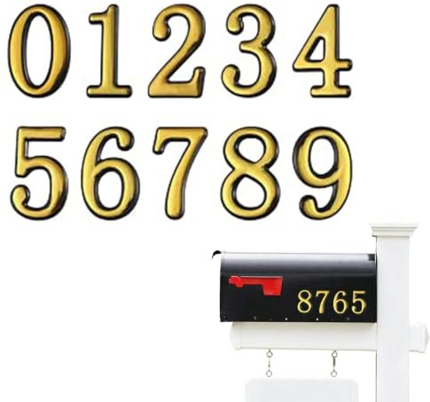 MIUPOO Self Adhesive House Numbers 0-9, Golden 3d Raised Door Address Number Stickers, Waterproof Mailbox Number Decals For Home Apartment Hotel Office Address Sign,1 Set.