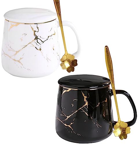 Set of 2 Coffee Cups 380 ml Ceramic, Espresso Cups, Marble Coffee Cups for Tea, Coffee, Milk, Cappuccino, with Lids and Lid, Women's Birthdays, Valentine's Day, Mother's Day, Wedding, Gifts