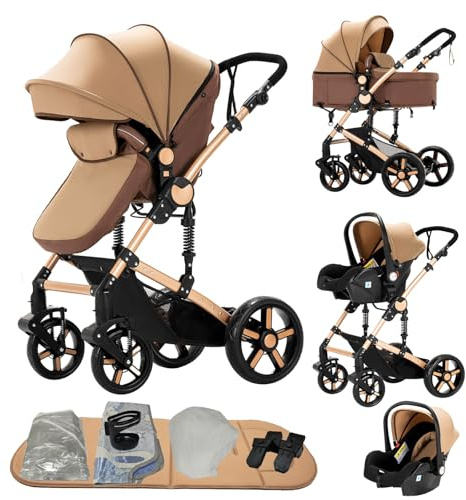 MoLi Kinderwagen 3 in 1, Kinderwagen Set Umkehrbarem Doppelschiebemodus, Kombikinderwagen 3 in 1 Großer Bequemer Babywanne, Buggy Rahmen Aluminiumlegierung Faltbar Hohe Landschaft (588 Tawny)
