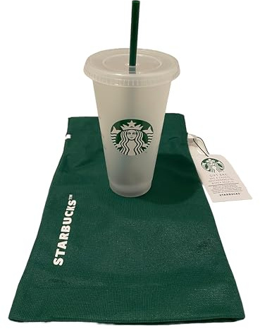 STARBUCKS Paquete de 1 bolsa de regalo y taza fría esmerilada reutilizable de 24 onzas con tapa con popote verde con tapón