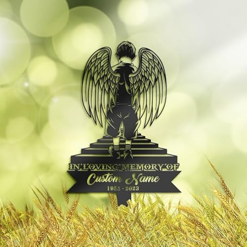 Personalized Memorial Stake for Outdoors Boy with Angel Wings Son Grave Marker Custom Metal Signs Son Loss Sympathy Gifts (Style 36)