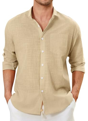 Enlision Leinenhemd Herren Hemd Langarm Baumwolle Leichtes Sommerhemd Freizeithemd Regular Fit Henley Shirt mit Brusttasche