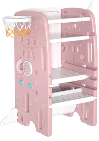 maualiyal Torre di apprendimento per bambini, con gradini antiscivolo, con funzioni di intrattenimento come pittura, pallacanestro o lancio ad anelli, aiuto per cucina/bagno (rosa)