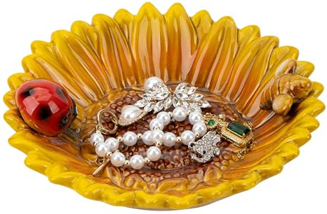 CAIRIAC Plato de joyería de girasol, bandeja de cerámica para llaves, cuenco para mesa de entrada, plato de caramelo de girasol, soporte para jabón, cuenco decorativo para decoración del hogar,