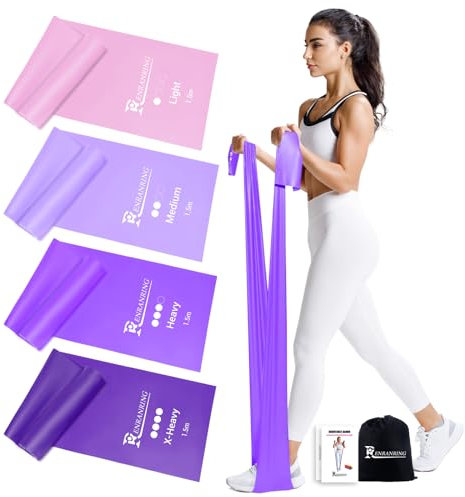 RENRANRING 4er Fitnessbänder, 1.5m Gymnastikband mit 4 Widerstandsstufen, Fitnessband mit Tragasche & Übungsanleitung,ideal für Yoga, Pilates Crossfit, Muskelaufbau