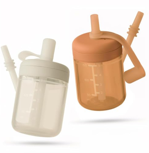 Moonkie Vaso Aprendizaje Bebé con Pajita, Botella Antiderrame de Silicona sin BPA, Apto para Lavavajillas, 150ml, 6 Meses+ (Arcilla Roja/Marfil)