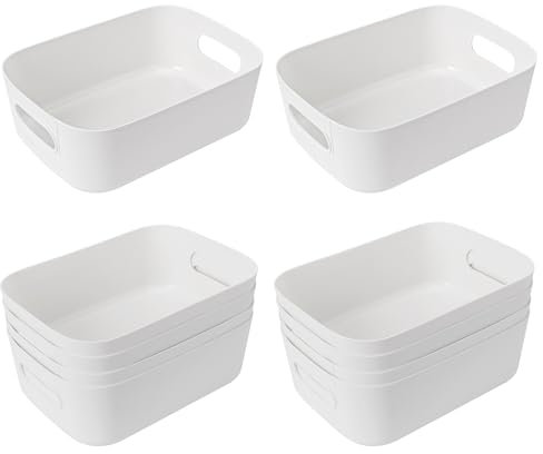 FOGAWA 10PCS Plastic Storage Boxes Small Storage Baskets with Handle White Plastic Studio Storage Baskets Kitchen Cupboard Organiser Small Baskets Storage Bins for Home Office Bathroom Shelves