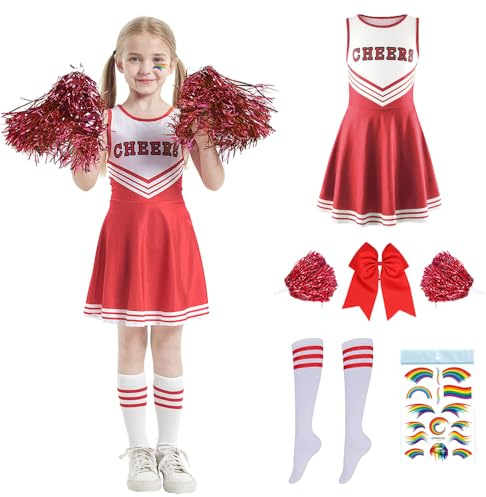 PASLFC Cheerleader Kostüm, Cheerleadering Outfit, Cheerleading Uniform Kleid, Cheer Outfit mit Pompoms Socken, Kostüm Cheerleader für Karneval Halloween, Fasching, Mottoparty