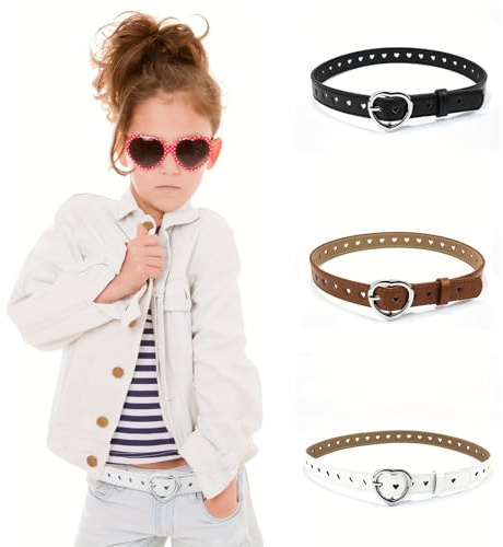 Amexo 3 Pièces Ceinture enfant fille, Ceinture pour filles en cuir PU Avec argenté boucle en forme de coeur, Réglables ceinture fille Convient aux filles de 6 à 12 ans pour jeans robes et vestes