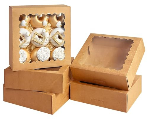 Wonninek 30Pcs Brown Paper Kraft Bakery Pastry Boxes with Window - 23 x 23 x 6.5cm - Disposable Packaging Boxes for Cookies, Cup Cakes, Desserts, Pies & Gifts