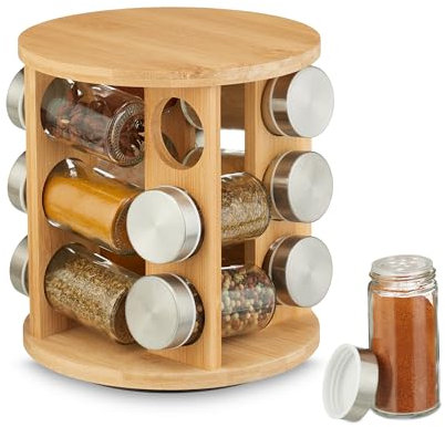 Relaxdays Gewürzkarussell, 12 Gewürzgläser, 360° drehbarer Gewürzständer, HxD 21 x 21 cm, Bambus, Gewürzregal, natur