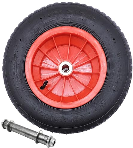 HERO Schubkarrenrad 4.80/4.00-8 Luftbereifung mit Achse – Ersatzrad Ø 390 mm, rote Kunststofffelge, Kugellager, 2PR, 95 kg Traglast - Schubkarrenreifern mit 20 mm Achsloch – Komplettrad für Schubkarre
