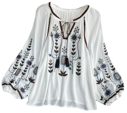 APLVFFZH Blusa Bordada para Mujer Tops Bordados Mexicanos con Bordado Floral para Mujer, Blanco