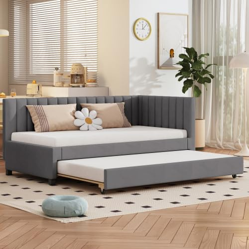 YuQozii Polsterbett 90 * 200, Ausziehbares Schlafsofa, Multifunktionsbett mit Lattenrost, Jugendbetten Kinderbetten Gästebetten, Samtstoff (Grau)