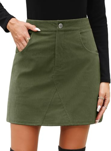 CMTOP Gonna Donna Corta Invernale Vita Alta A-Linea Minigonna Casual in Velluto A Coste vestibilità Elegante Stretta Mini Gonna con Tasche (Verde, S)
