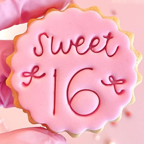 Sweet 16 Sixteen Bows Birthday Fondant Stamp Embosser Biscuits Cookies fits m&s Butter Biscuits Reusable Cake Decorating Tool Biscuits and Cookies Marks and Spencers 16th with Free Matching Cutter