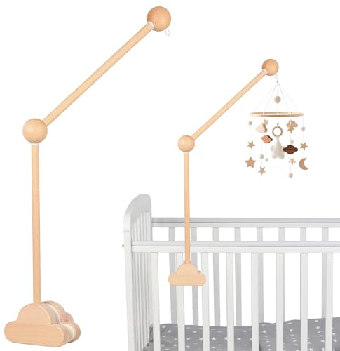 Mobile Halterung für Babybett, Mobile Halterung Holz Wolken, Abnehmbarer Baby Mobile Aufhänger, Höhenverstellbar, DIY Baby Bett Mobile Halter für Aufhängung Windspiele Bettglocke (beige)