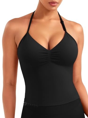 ZAAYO Damen Lange Camisole Top Rückenfrei V Neck Workout Tank Tops Y2K Ãrmellose Sommer Crop Top Gym Neckholder Oberteil mit verstellbarem Riemen Schwarz M