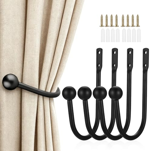 4 Pcs Metal Curtain Holdbacks, Wall Mounted Curtain Holder Hooks(Black) | Sturdy black metal wall-mounted holdbacks & tiebacks. Easy install, holds curtains or items.