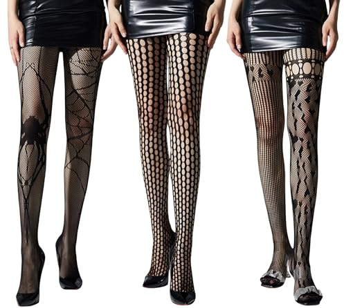 AIEOE Kvinnor hög midja fisknät tights flickor mönstrade strumpbyxor strumpa svart 3 par, Spindlar, one size