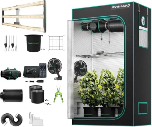MARS HYDRO FC4000 Smart Growzelt Komplettset 120X60X180cm für Indoor-Anbau | Vollspektrum Samsung LM301H App-Regelung Dimmbarer Grow Lampe 1680D Grow Tent Komplettset 4 Effizientes Belüftungssatz