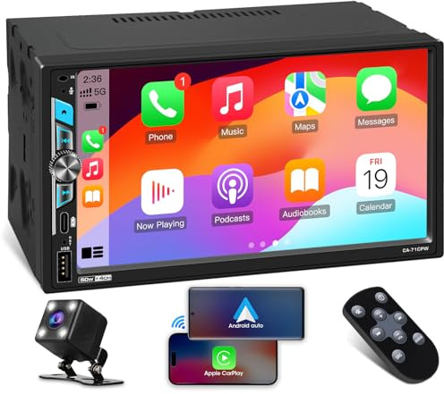 Double Din Car Stereo Receiver - ABSOSO 7 Inch Wireless CarPlay Android Auto Touchscreen for Car - Bluetooth Backup Camera Type-C PD3.0 Fast Charge 4.2 CHN 2 Subwoofers Outputs AM FM Radio