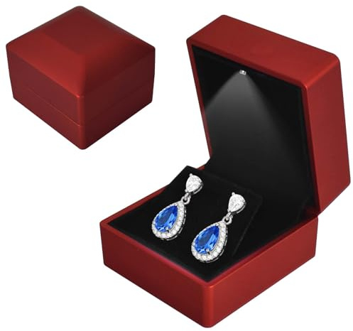 Caja de Pendientes con Luz LED, Pendiente Estuche de Exhibición Terciopelo, Caja de Almacenamiento de Joyería LED para Propuesta Compromiso Matrimonio, Día de San Valentín, 5.8*6.3*5cm, Rojoa