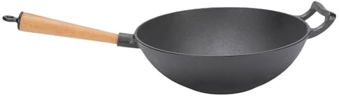 TOPINCN Sartén Wok de Hierro Fundido, Sartén Multifuncional con de Madera para Estufa Eléctrica de Inducción de Gas, Cocina para Acampar Al Aire Libre y Barbacoa