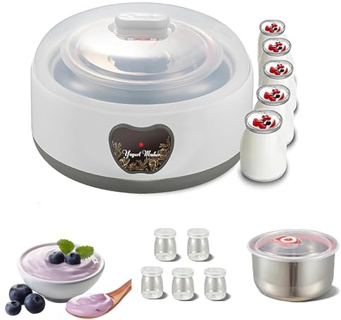 Yogurtera Eléctrica, Yogurtera Automática con Olla Interior de Acero Inoxidable de 1200ml, 5 Tarros de Vidrio de 100ml, Control Termostático, Arroces Vino Queso para Bebé