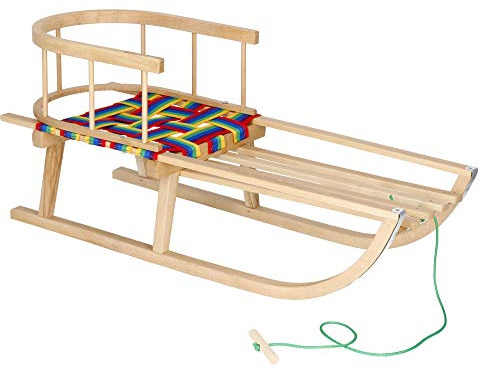 Schlitten, Holzschlitten mit Rückenlehne, Kinder Schlitten & Rodel für Erwachsene bis 100 kg, Schlitten Baby ab 1 Jahr mit Schlittenseil, Kinderschlitten mit Schlittenlehne 90 X 32 X 21 cm